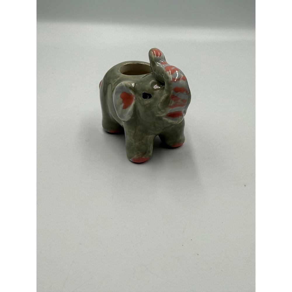 Vintage Ceramic Elephant Figurine Mini Planter Gray Pink Trunk Up Good‎ Luck 3in